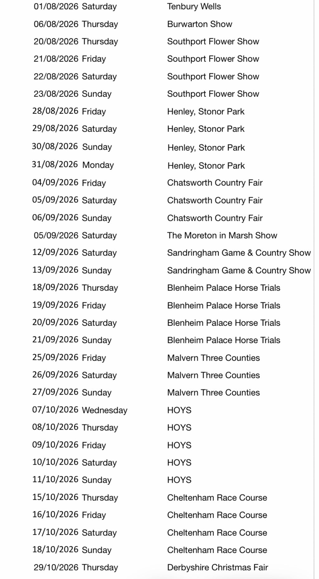 2026 Show List
