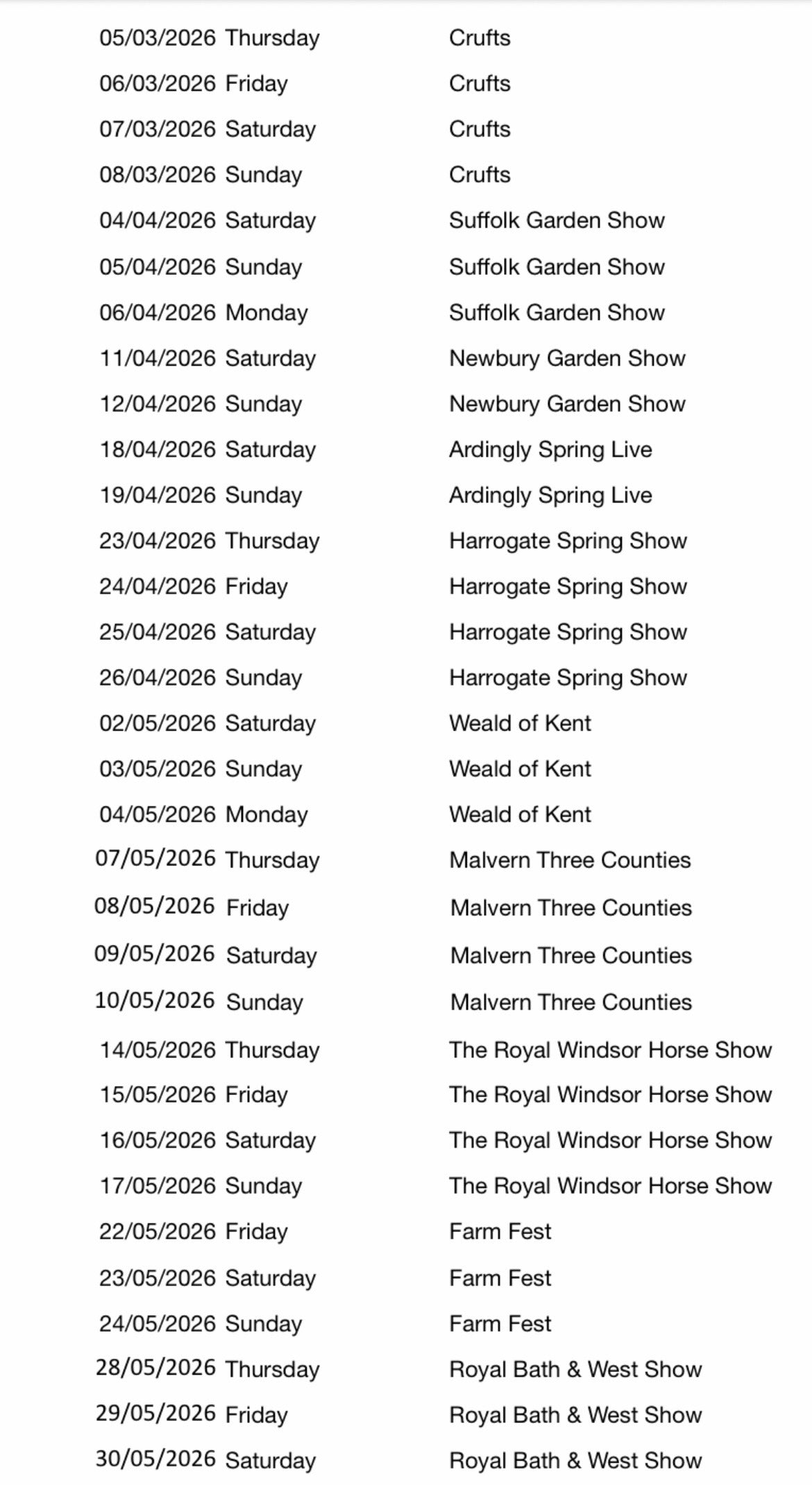 2026 Show List